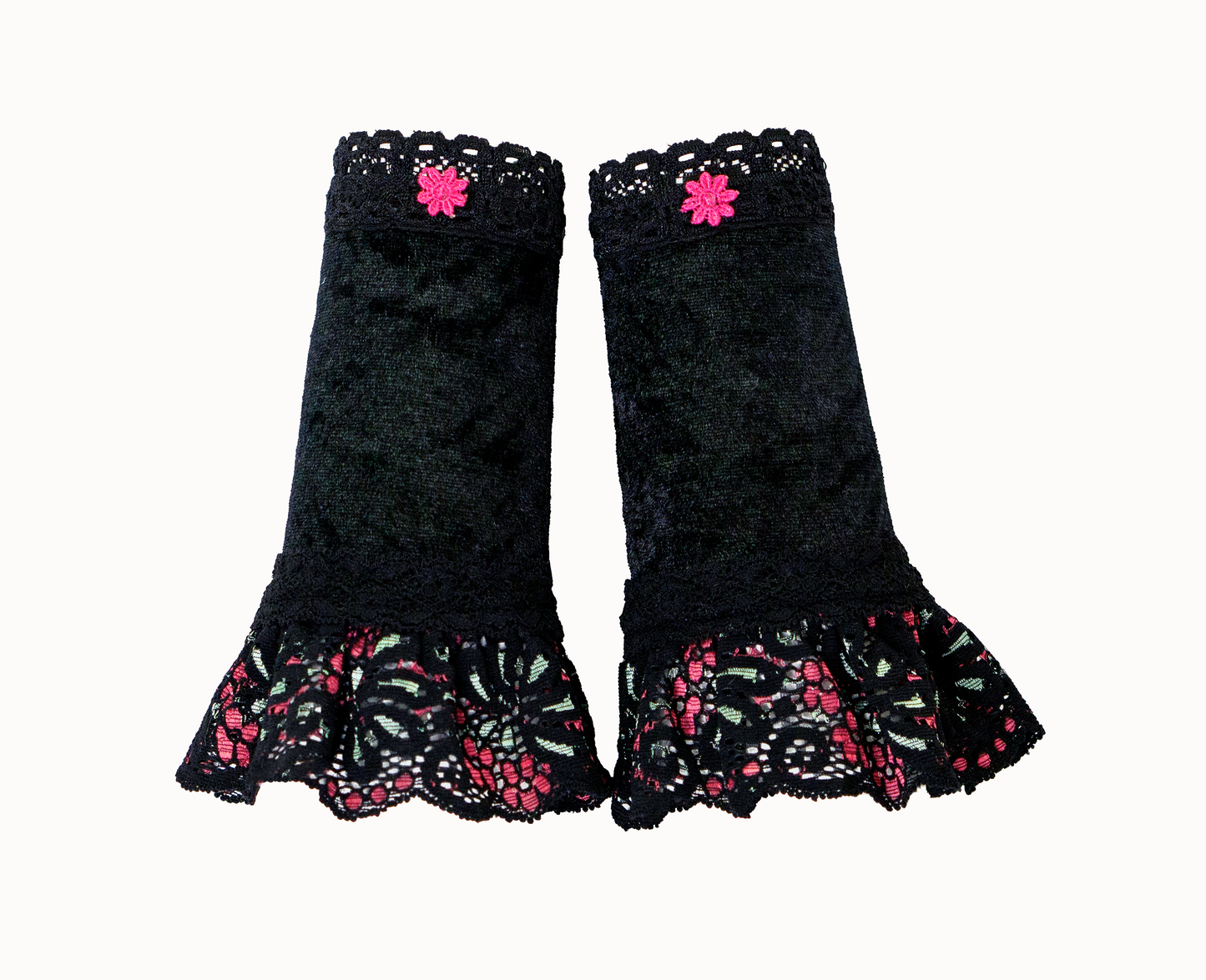 beliebte kleine Armstulpen schwarz pink aus hochwertigen Spitzen mit Blümchen Applikation