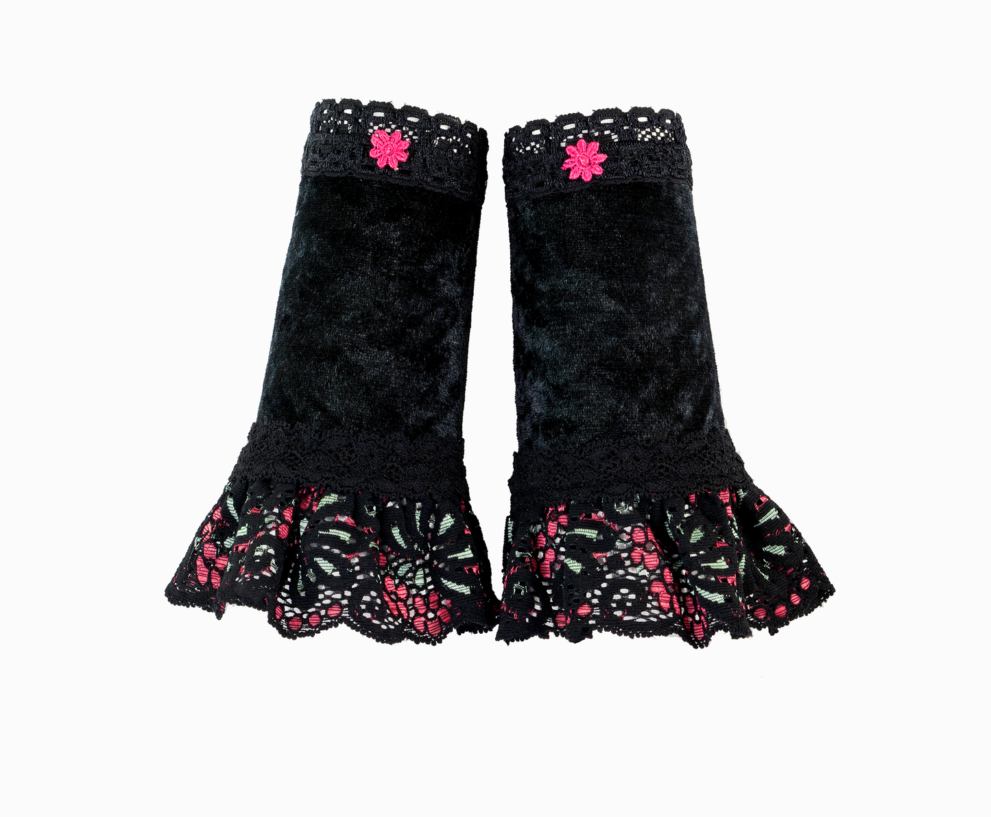 beliebte kleine Armstulpen schwarz pink aus hochwertigen Spitzen mit Blümchen Applikation