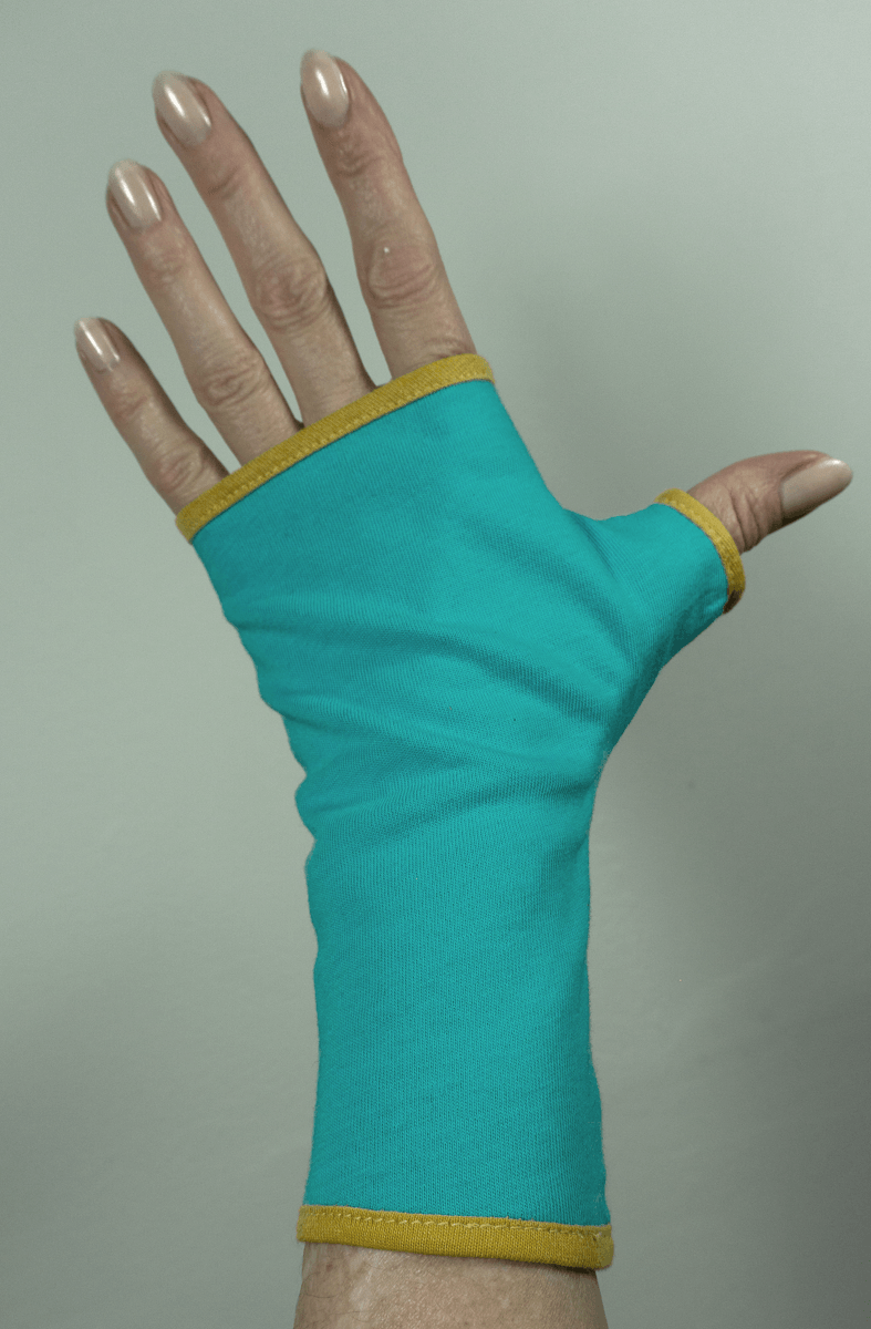 Pulswärmer | Handschuhe fingerlos aus Baumwoll-Jersey in türkis mit Futter & Paspel