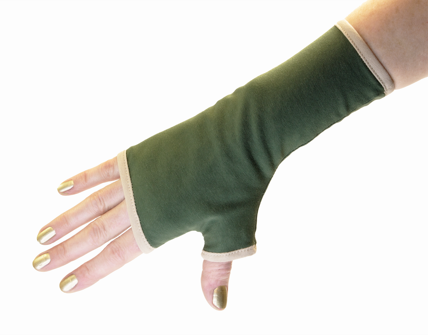 Pulswärmer | Handschuhe fingerlos aus Baumwoll-Jersey in khaki oliv mit Futter & Paspel