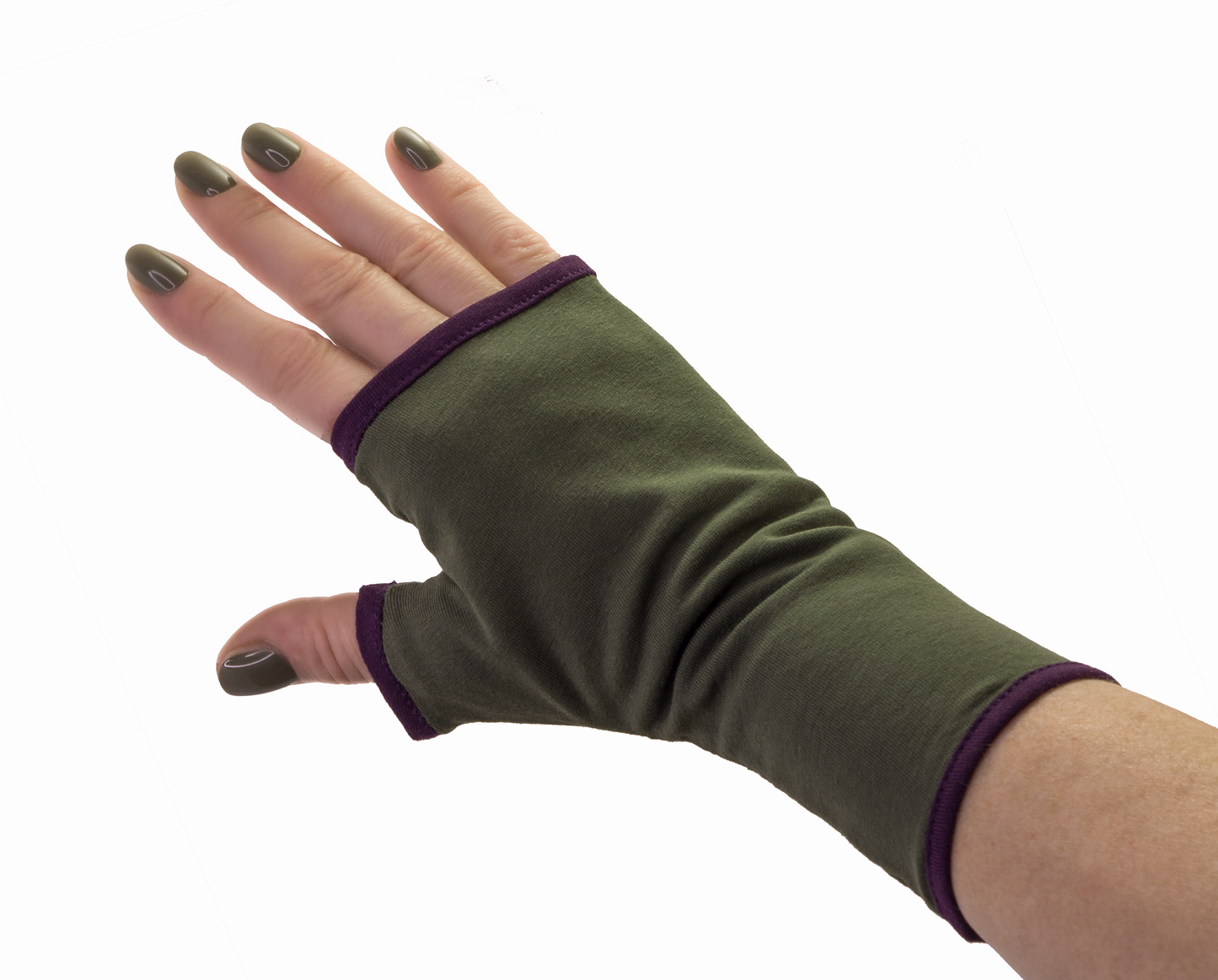 Pulswärmer Handschuhe fingerlos Jersey khaki oliv + Futter Paspel + Größe wählbar XXS-XXL