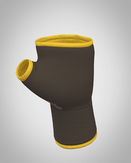 Pulswärmer | Handschuhe fingerlos aus Baumwoll-Jersey in dunkelbraun mit Futter & Paspel