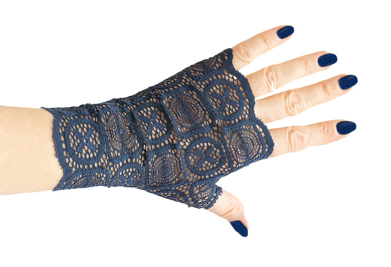 Fingerlose Handschuhe aus blauer Spitze mit geometrischen Mustern, super weich und schmückend