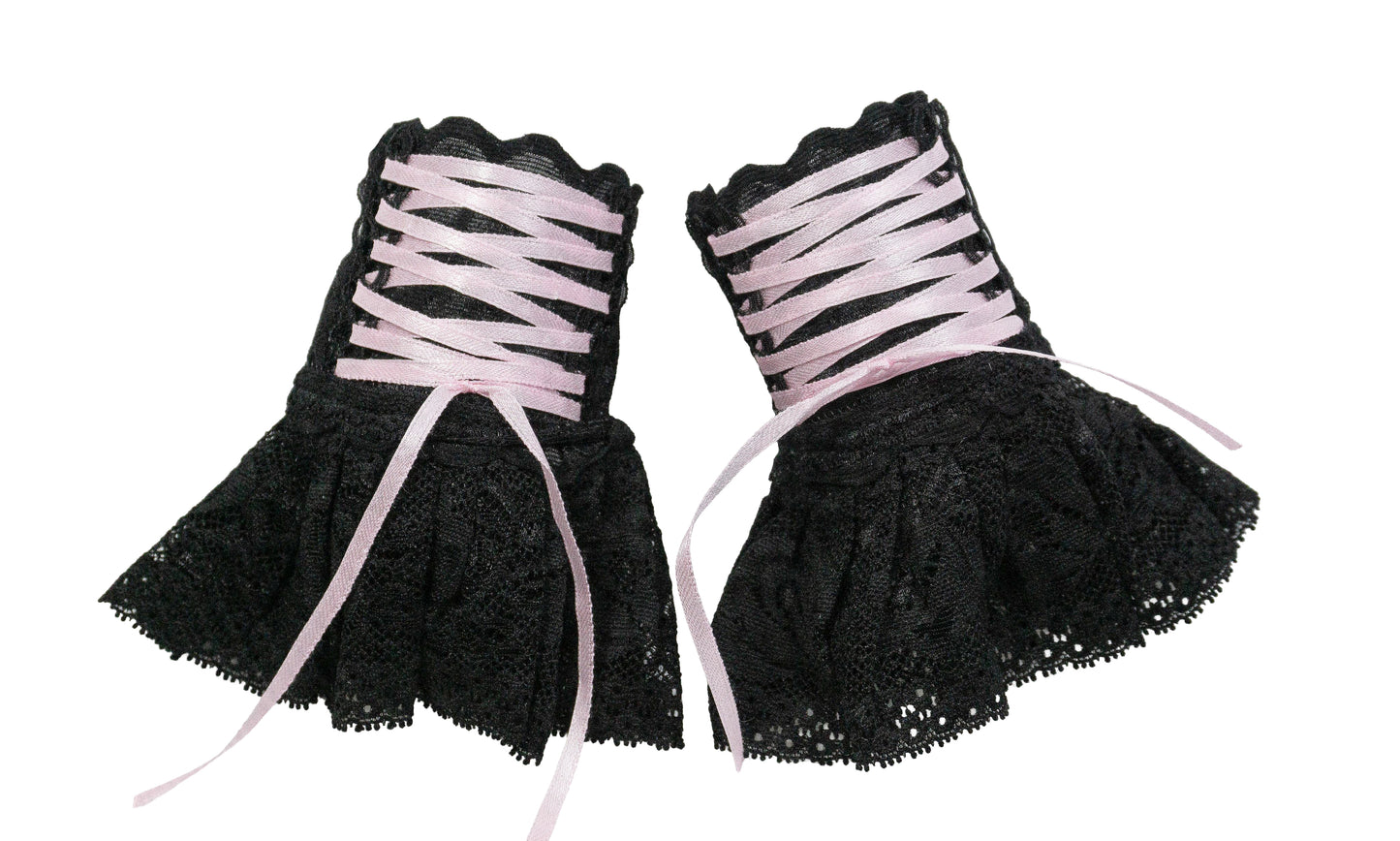 ein Paar kleine Stulpen, Manschetten mit Zier Schnürung, schwarz rosa, als synthetischen Spitzen Materialien, 12,5 cm lang, für sweet lolita, gothic, punk und sonstige subkulturen als auch theater, verkleidung, kostüme, harajuku und japanische outfits