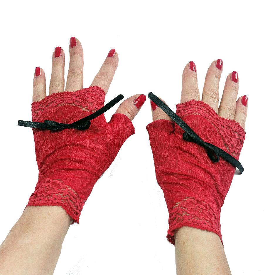 ein Paar rote Handschuhe ohne Finger super sexy und mit Rosen Muster, auffällig und schmückend, weich, blickdicht, aus Wäsche-Spitze
