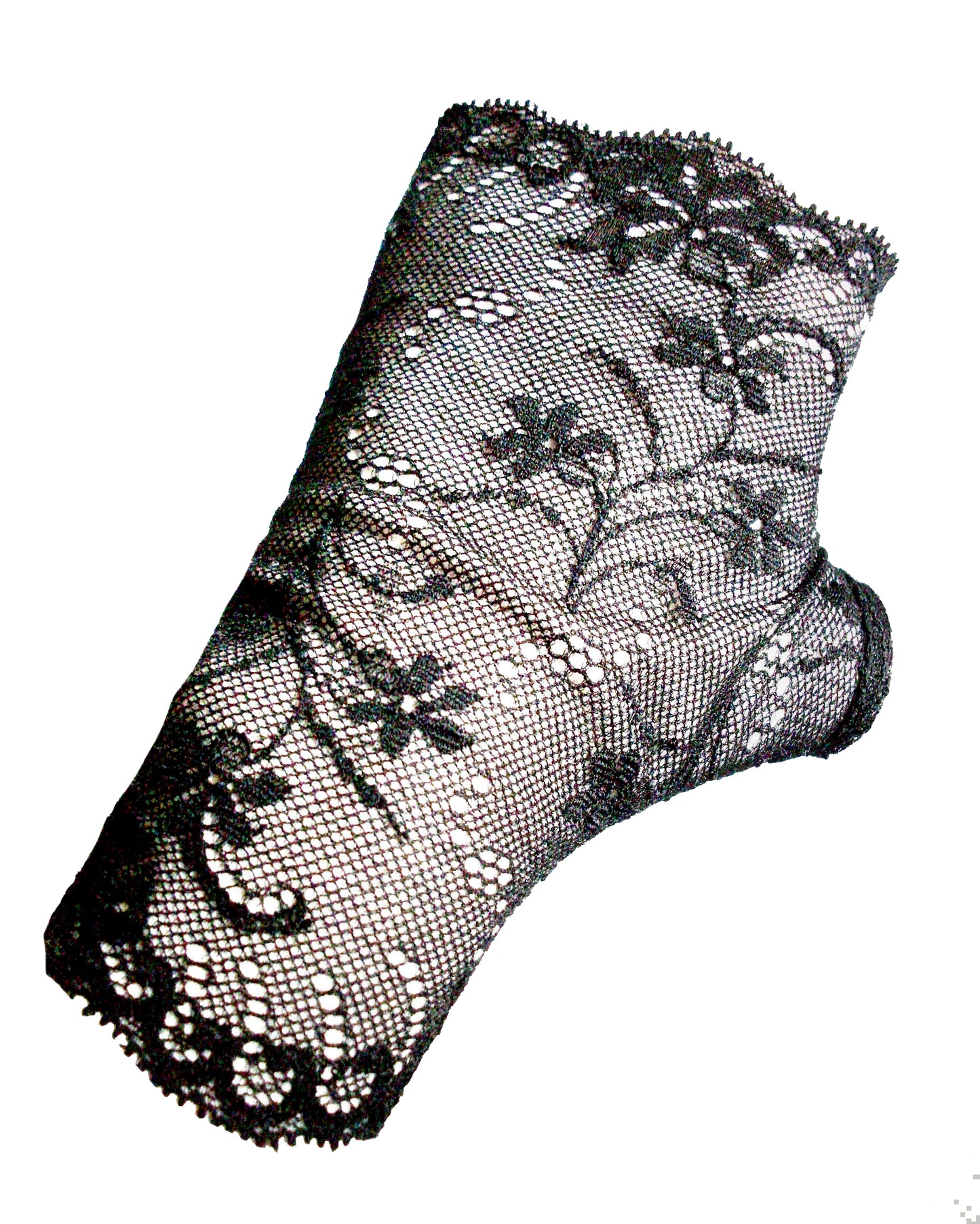 fingerloser schwarzer Handschuh, sehr zart mit asiatischen Blümchen und Bogenkante, aus feiner Netzspitze, Einzelhandschuh für Detail ist abgebildet. Mit Daumen zum reinschlüpfen, aber ohne Finger, nicht blickdicht, handgefertigt auf Bestellung