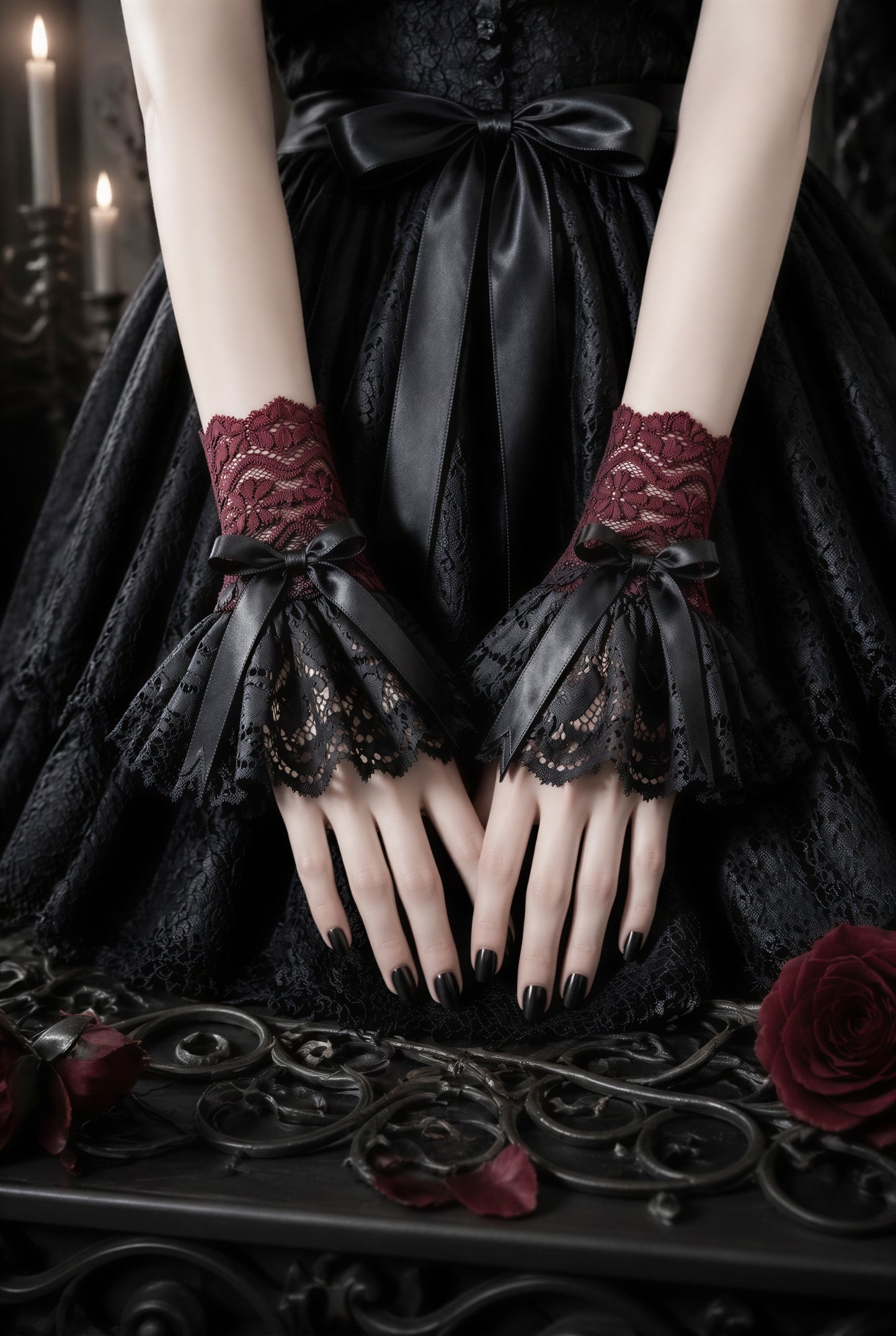 Damen Manschetten in schwarz bordeaux-rot