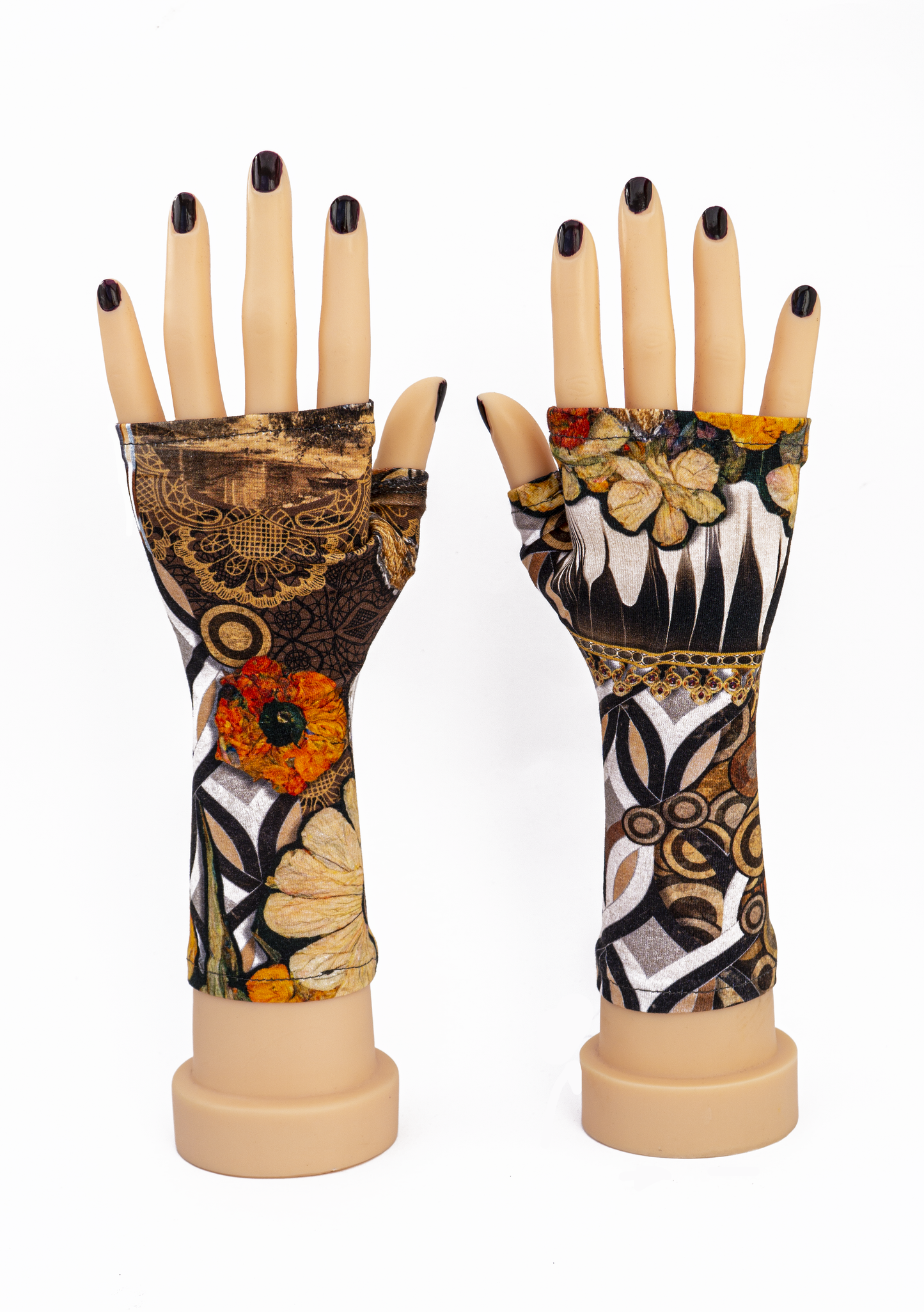 hochwertige Pulswärmer aus Tricot Jersey | wild bedruckt in Herbsttönen | Handschuhe digitale Blumen