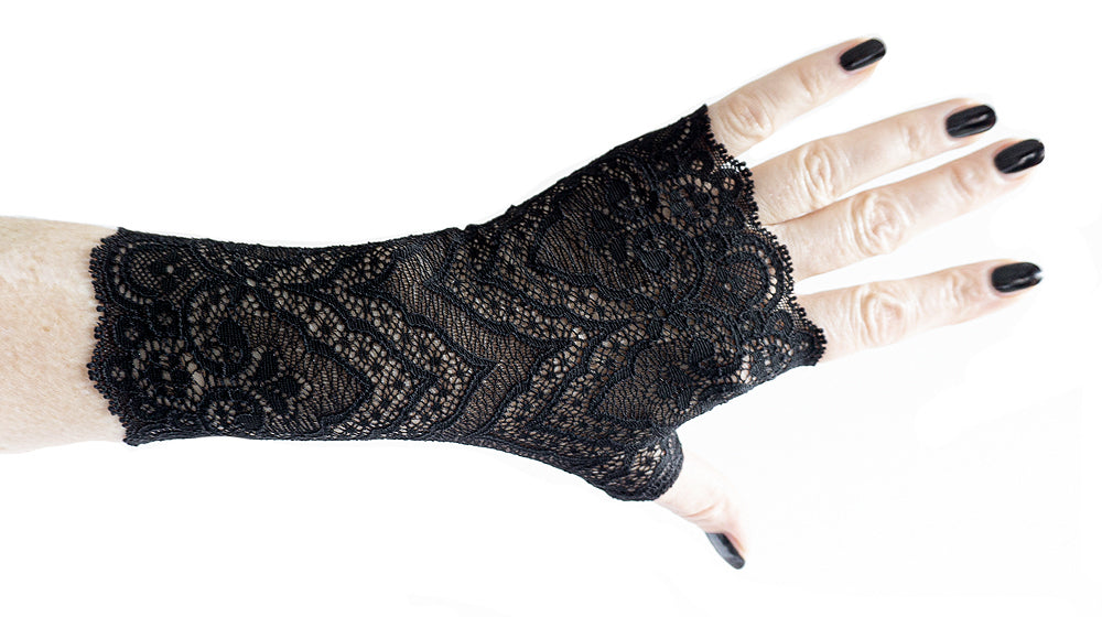 ein Paar fingerlose Handschuhe schwarz, Spitzenmuster, Gothic Lolita Style