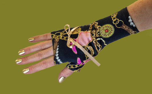glamouröse Handschuhe ohne Finger aus bedrucktem Jersey ~ russisch ~ pompös mit Schleife