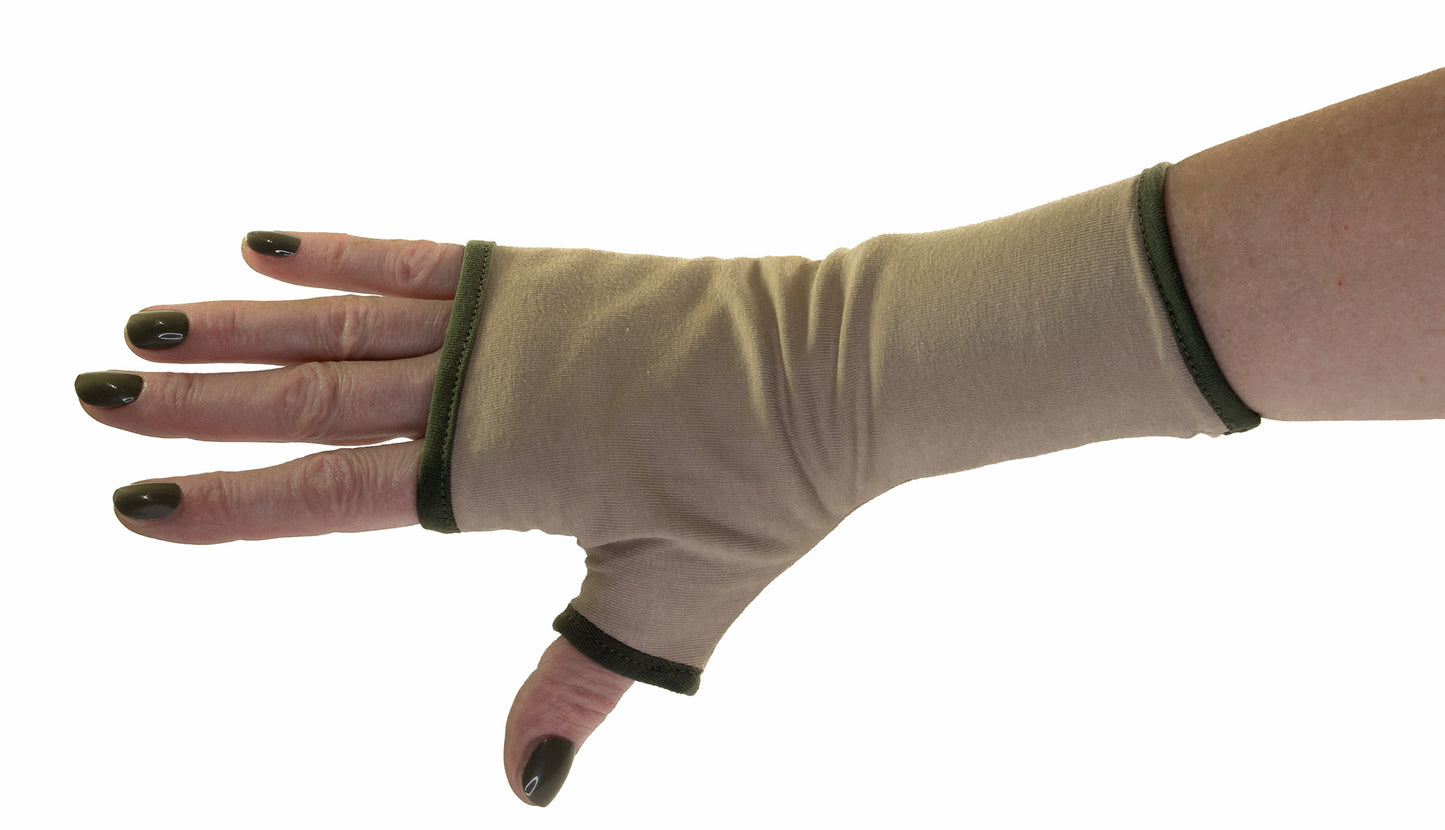 Pulswärmer Handschuhe fingerlos beige Baumwolle Jersey Futter in dunklen Farben