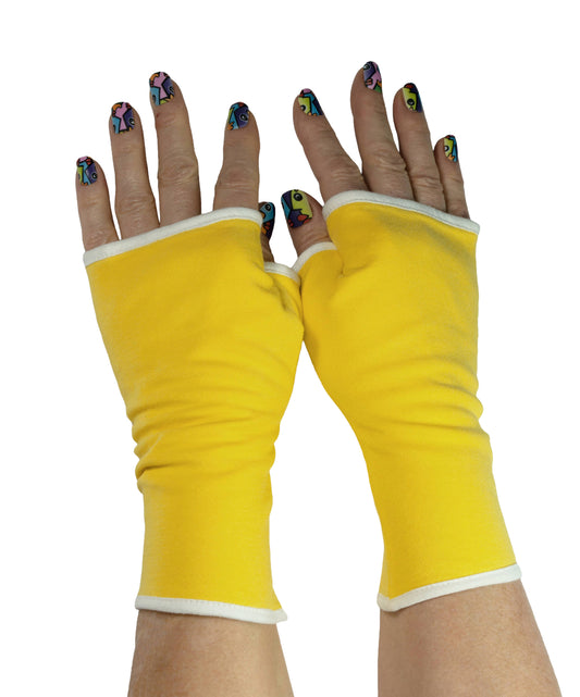 Handschuhe fingerlos aus Jersey in sonnen gelb + Futter wählbar aus 24 Farben