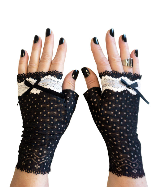 Schwarze Spitzenhandschuhe fingerlos für Dark Fashion und Visual Kei