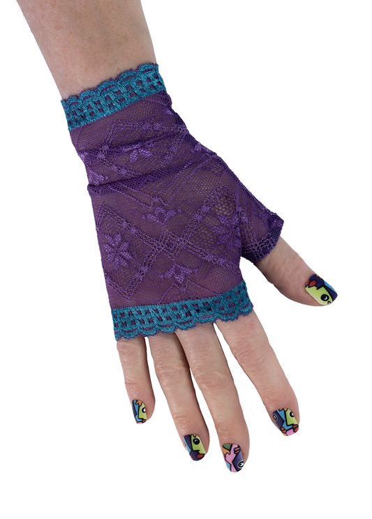 fingerlose Damen Spitzen Handschuhe lila türkis