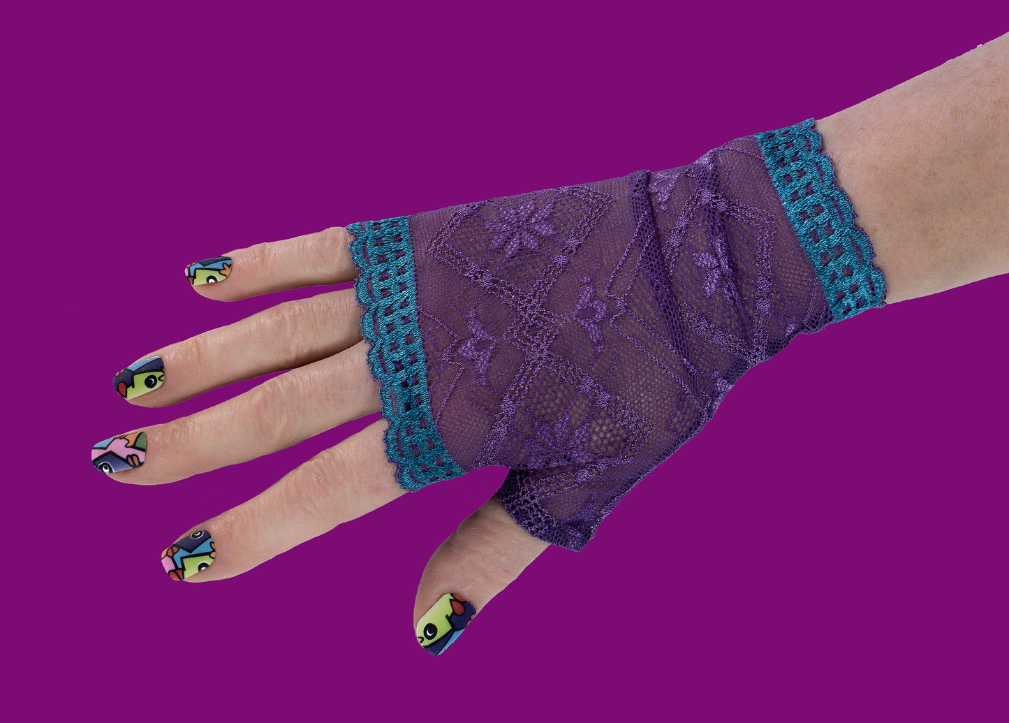 fingerlose Damen Spitzen Handschuhe lila türkis