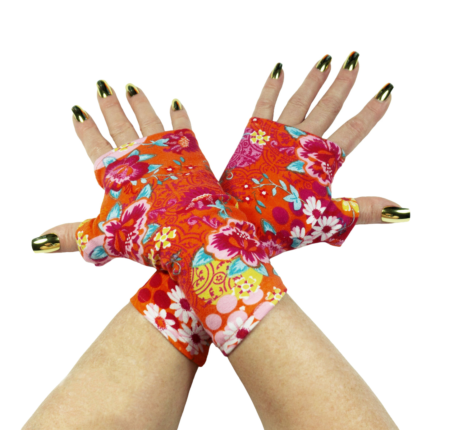 Mitaines en jersey doux, ULTRA CONFORTABLES #INDISPENSABLE, à motifs colorés, doublées (couleur de la doublure au choix), avec nœud.