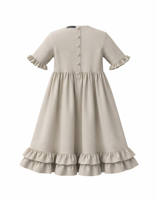 militantes japan stil Akari Kleid, Rückenansicht mit Knopfleiste und selbstbezogenen Knöpfen, alles monochrome beige einheitlich. Für Kinder, Teenager und Damen.