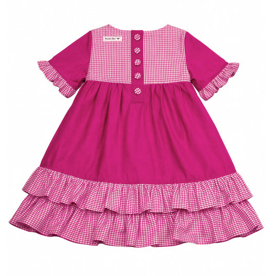 Serie Akari im japanischen Stil: kurzärmeliges Sweet Lolita Kleid aus vichy karo Baumwolle in pink-weiß und uni pink. Verspielt, nostalgisch, romantischer Märchen Decora look in Handarbeit von Mouska Alfar. Rückenansicht, flatlay. Hier am Rücken mit einer Knopfleiste geschlossen mit selbstbezogenen Knöpfen. Aber auch mit Reißverschluß erhältlich.