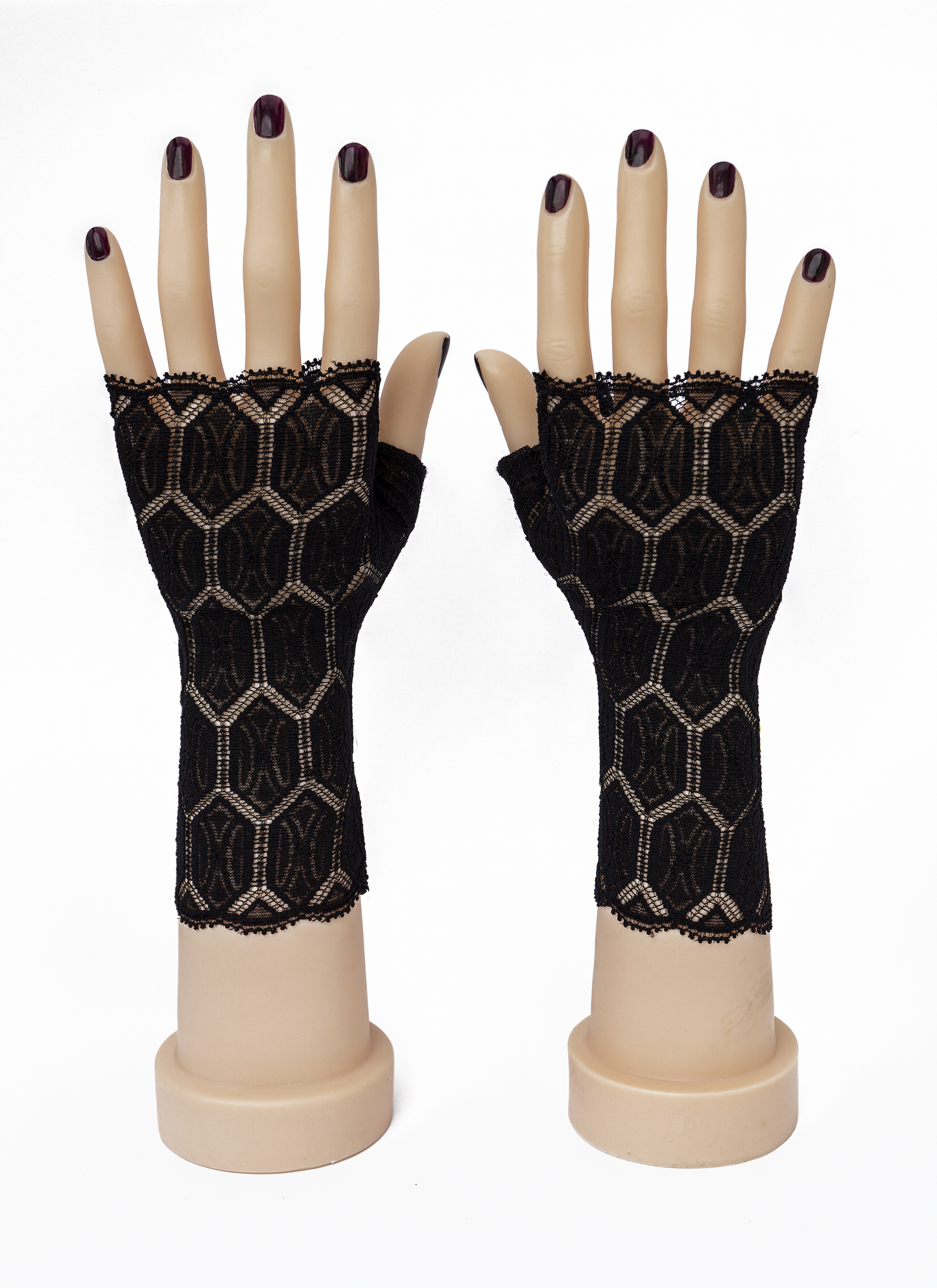 fingerlose Handschuhe gothic schwarz geometrisches Muster blickdicht