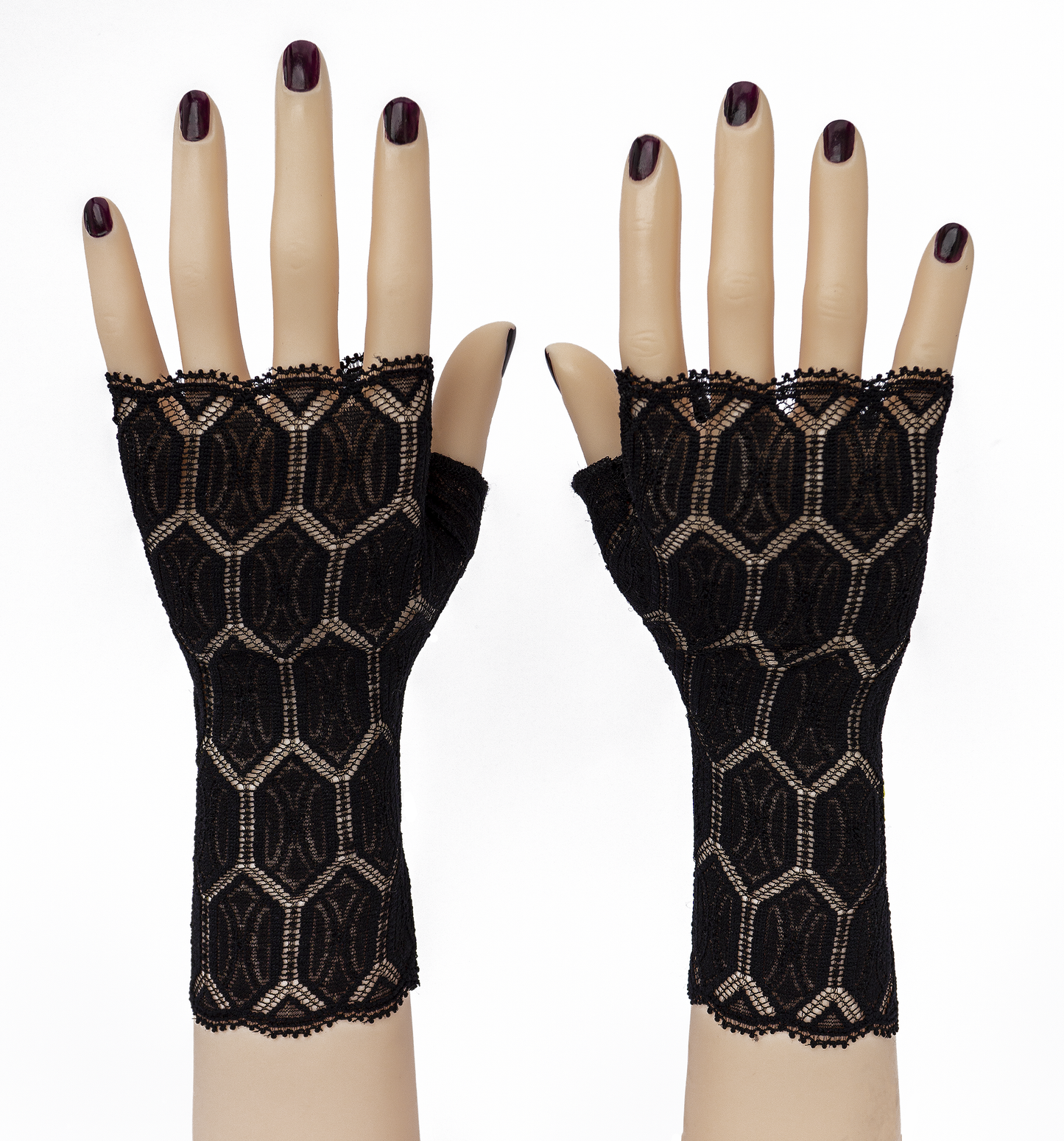 fingerlose Handschuhe gothic schwarz geometrisches Muster blickdicht