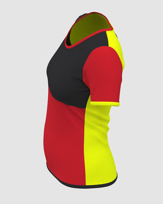 T-shirt Nikita colorblock in neongelb, rot + schwarz, Seitenansicht, Farbkombi 2