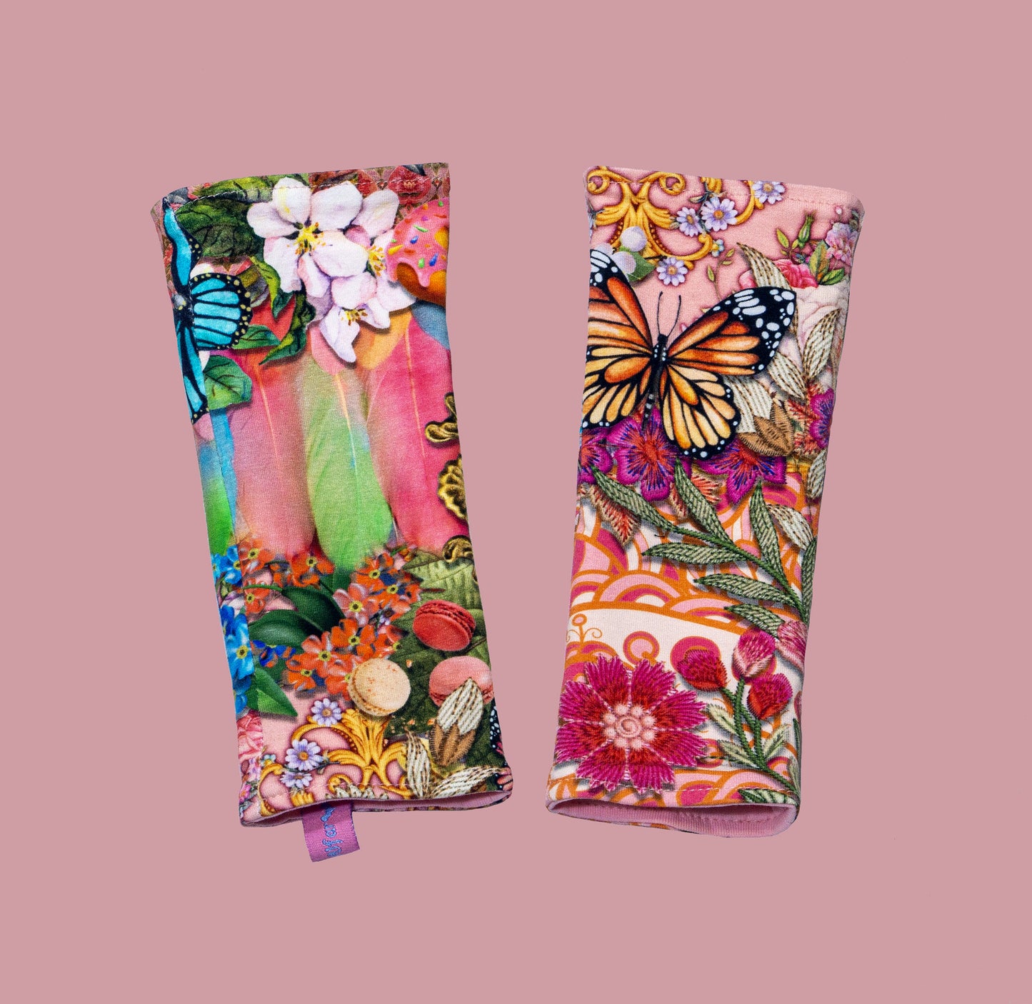 Armstulpen bunt bedruckt mit Wiesen, Blumen, Schmetterlinge, Blüten, Streifen, wunderbar sommerliches buntes Motiv in glasklaren Farben
