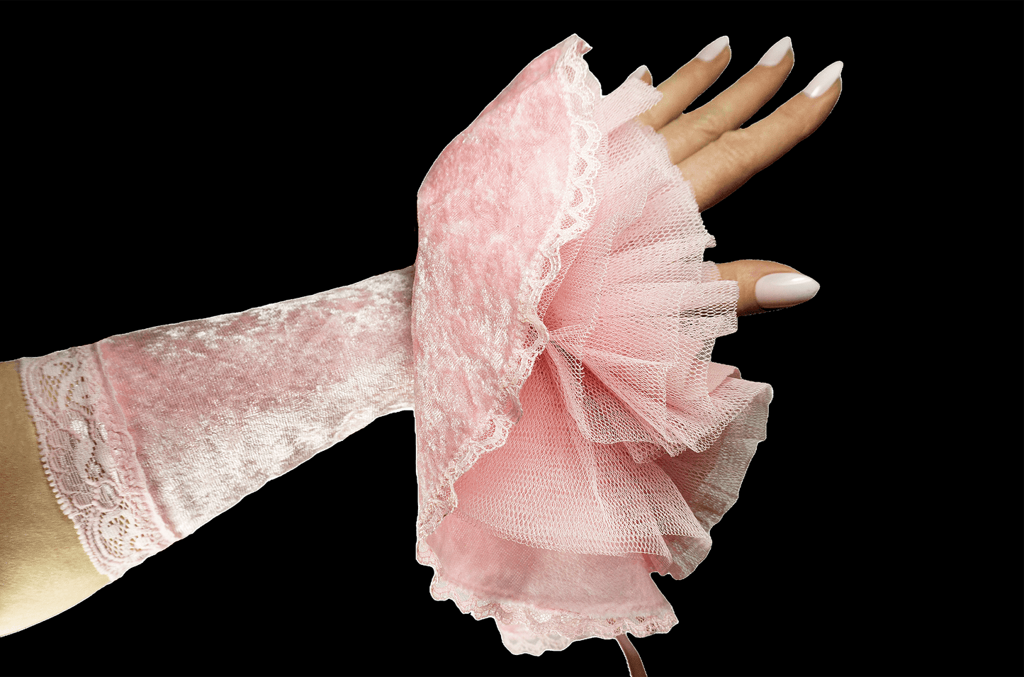 Armstulpen im Ballett Stil mit Tellerrock & Tütü in rosa aus Pannesamt + Spitzen alle Größen (Kopie)