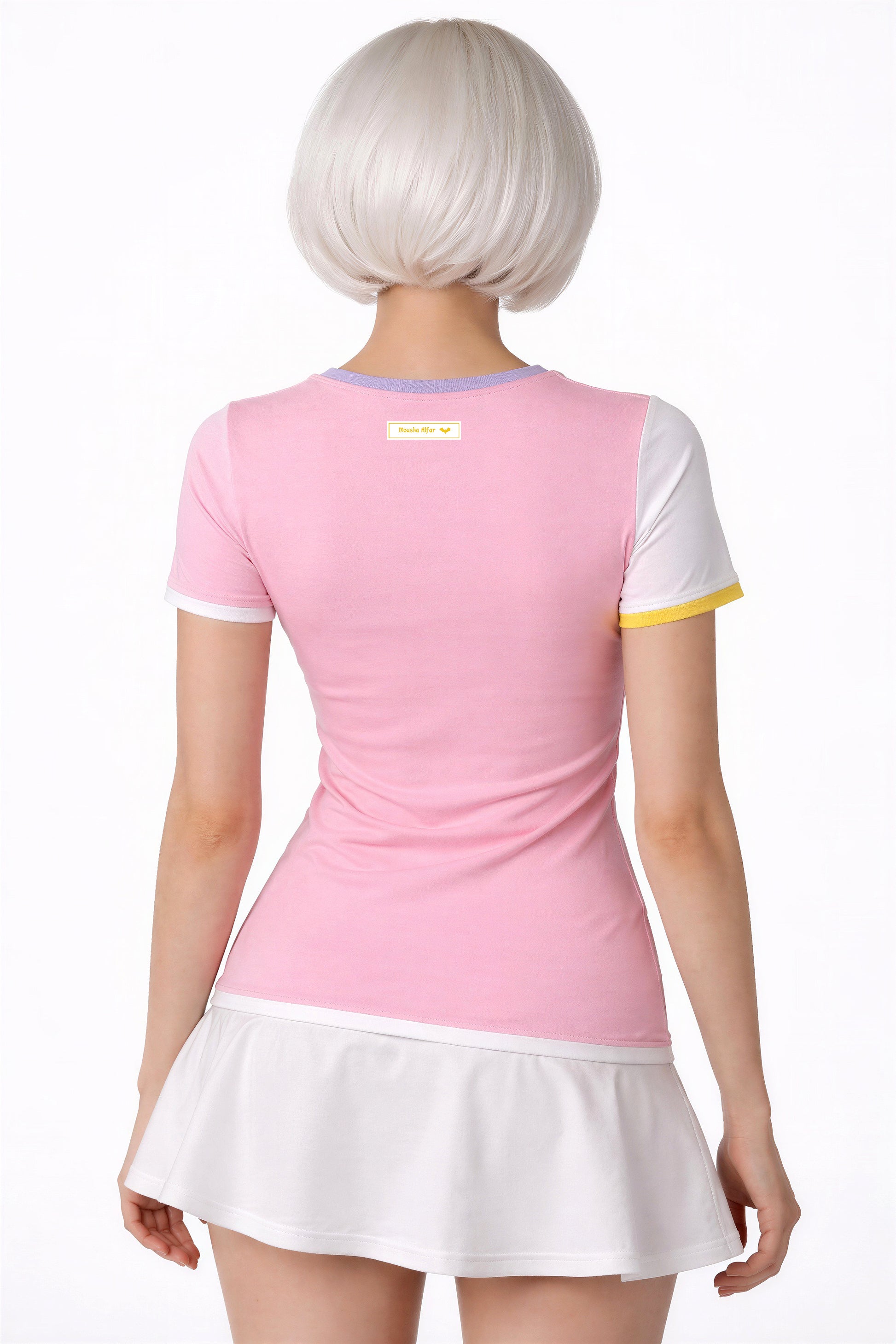 Rückenteil in rosa von Nikita colorblock Shirt kawaii, Serie pastell, getragen von Model Valentina, Kurzarm, verschiedene Armfarben, Farben sind jedoch auch wählbar aus 24 verschiedenen Farben. Auf dieser Seite eben in pastell gefertigt und präsentiert. Handarbeit nur auf Bestellung! von Größe 34 bis 46