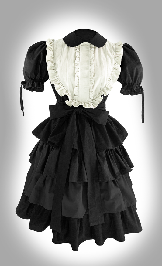 gothic lolita Kleid Isabella mit weißem Plastron Rüschen Lagenrock midi aus Baumwolle schwarz