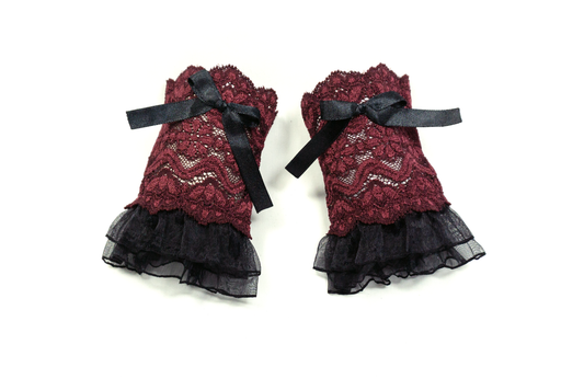 gothic lolita Manschetten schwarz bordeaux rot mit Tüll+Schleife