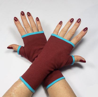 Pulswärmer | Handschuhe fingerlos aus Baumwoll-Jersey in bordeaux rot mit Futter & Paspel