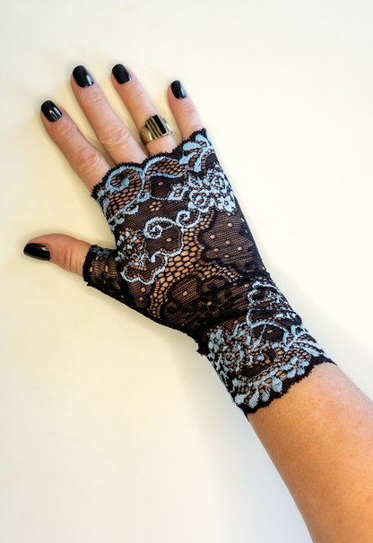 Lace wrist warmers | Fingerless gloves | Black machine embroidered with light blue accents