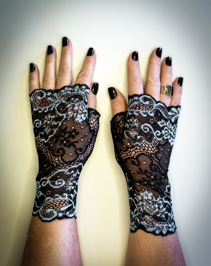 Lace wrist warmers | Fingerless gloves | Black machine embroidered with light blue accents