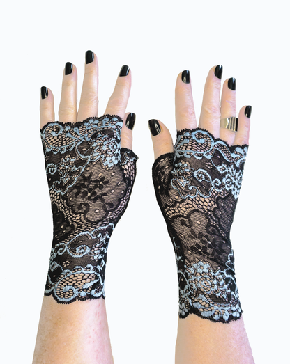 Lace wrist warmers | Fingerless gloves | Black machine embroidered with light blue accents