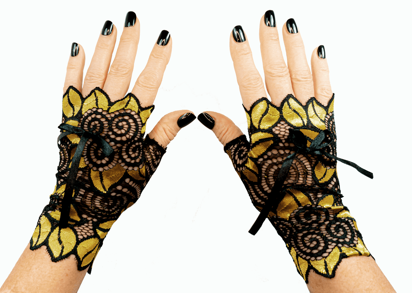 auffällige Pulswärmer | Handschuhe fingerlos glänzend mit riesigen Blumen + Schleife in schwarz / gold