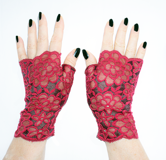 ♥  Pulswärmer Handschuhe fingerlos Spitze mit großen Dahlien Blumen magenta schwarz  ♥