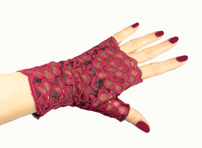 ♥  Pulswärmer Handschuhe fingerlos Spitze mit großen Dahlien Blumen magenta schwarz  ♥