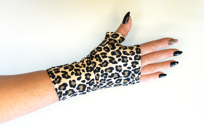 punkige Pulswärmer Jersey leopard animal print classic schwarz-beige-braun | fingerlose Handschuhe