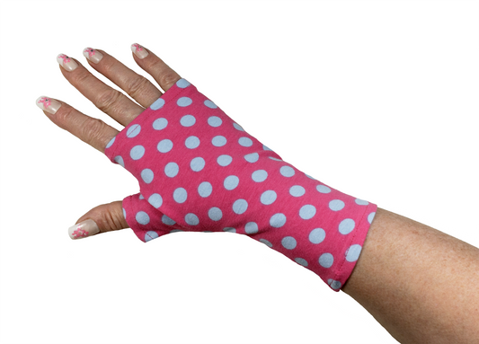 hochwertige Pulswärmer Handschuhe Jersey pink mit hellblauen Riesen Punkten