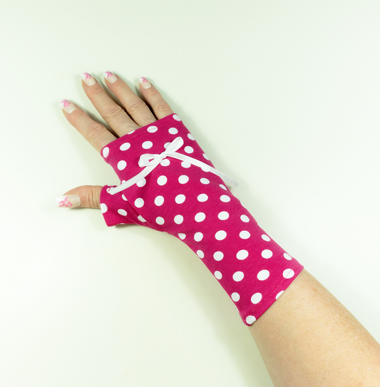 hochwertige Pulswärmer Handschuhe Jersey pink mit weißen Punkten polkadots mit Schleife