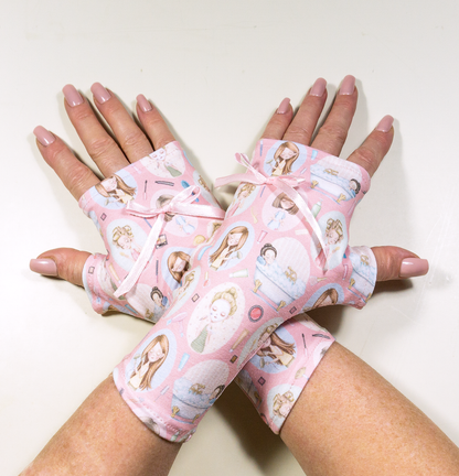 Pulswärmer | Handschuhe fingerlos | digital girls Mädchen Jersey bedruckt mit rosa Schleife sweet lolly