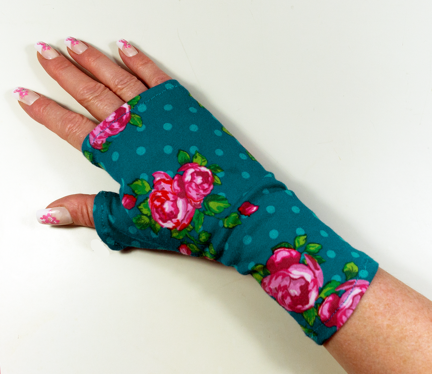 Jersey Pulswärmer Handschuhe große Rosen dots punkte türkis oder pink