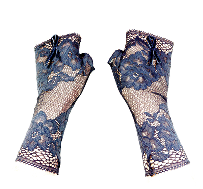 Wrist warmers gloves fingerless long net lace floral evening blue with velvet bow festive occasion 