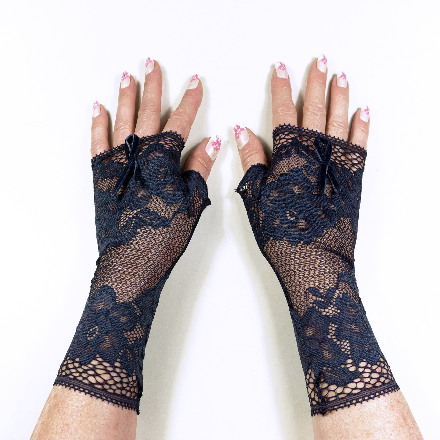 Wrist warmers gloves fingerless long net lace floral evening blue with velvet bow festive occasion 