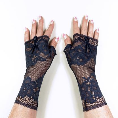 Wrist warmers gloves fingerless long net lace floral evening blue with velvet bow festive occasion 