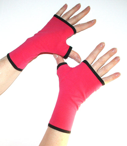 Pulswärmer | Handschuhe fingerlos aus Baumwoll-Jersey in pink mit Futter & Paspel