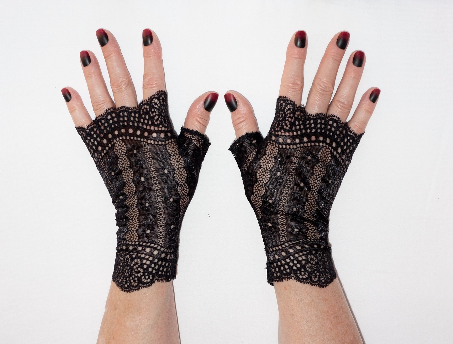 Fully shiny gothic wrist warmers gloves fingerless black large floral scalloped edge and stripe look