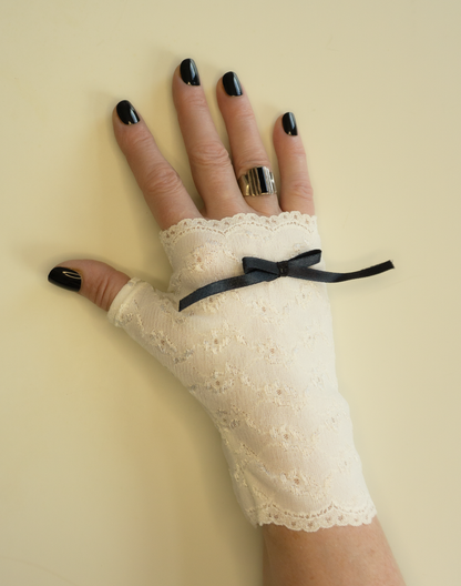 gothic &amp; sweet lolita wrist warmers opaque | ivory | woven lace with bows and embroidered flowers 