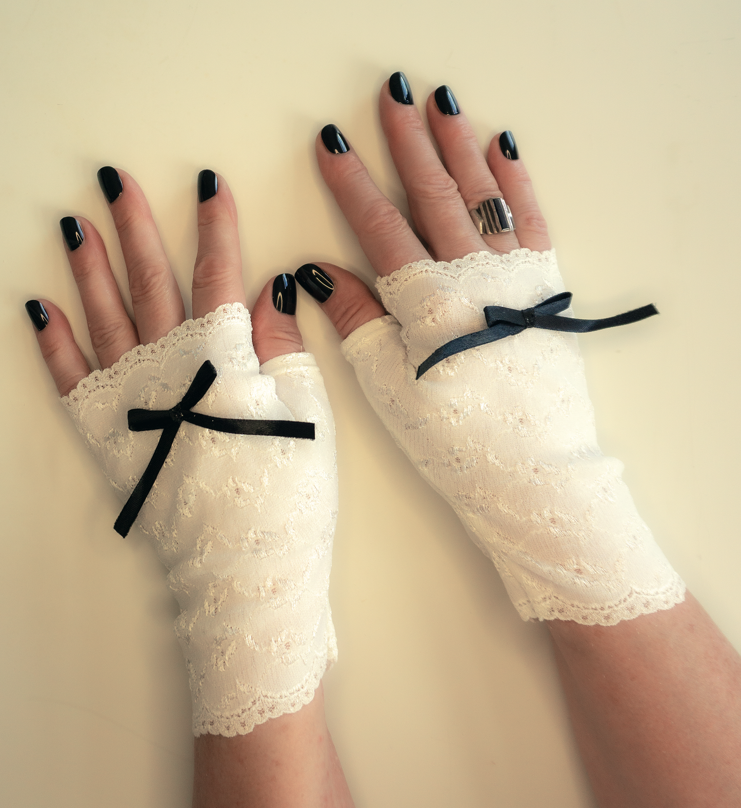 gothic &amp; sweet lolita wrist warmers opaque | ivory | woven lace with bows and embroidered flowers 