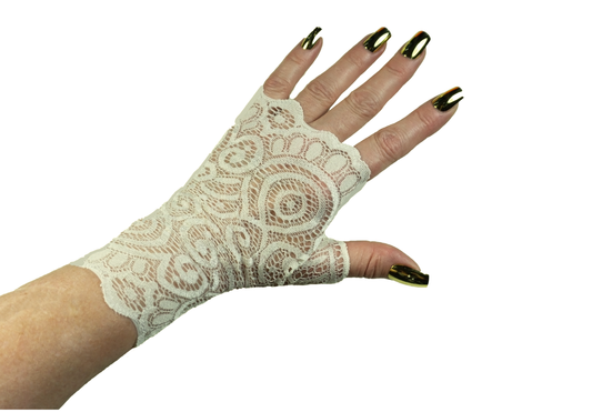 einfache feine leichte Pulswärmer Handschuhe fingerlos Spitze off-white Stich ins creme elfenbein